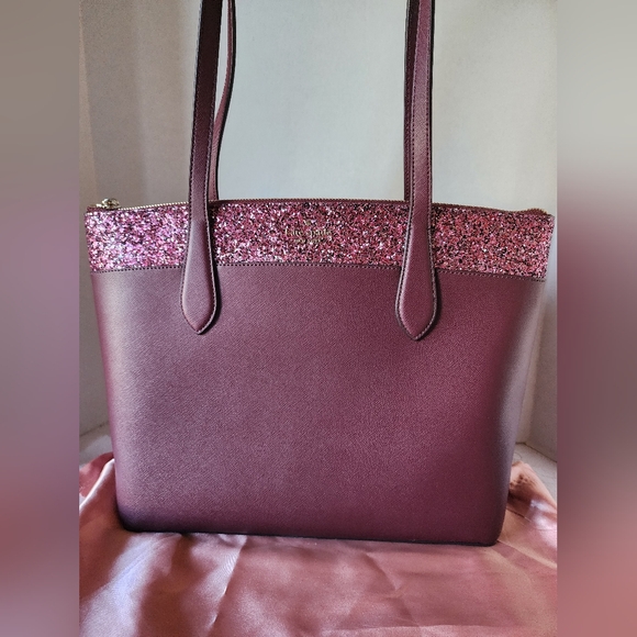Kate Spade Flash Glitter Large Tote in Cherrywood, Saffiano Leather, EUC - Picture 3 of 12
